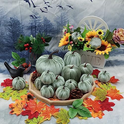 Woration 16pcs Assorted Size Velvet Fake Artificial Pumpkin Ornament