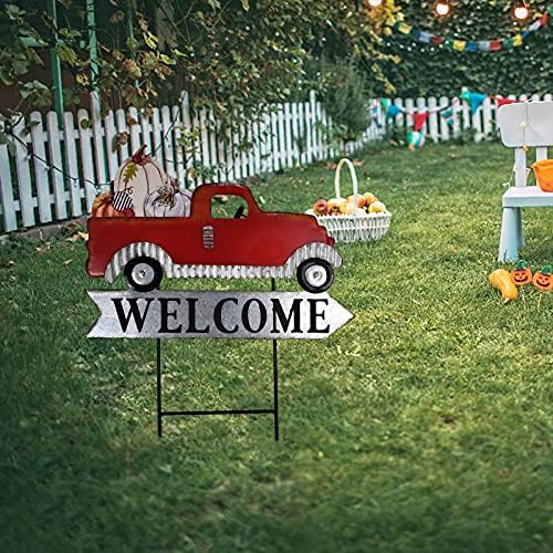 Morning View Red Pickup Truck Yard Stakes Welcome Sign Metal Garden Stake Interchangeable Christmas Tree Fall Pumpkin Outdoor Seasonal Yard Art for Lawn Xmas Winter Autumn Holiday 24 Inches