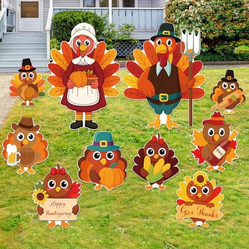 10PCS 20x12Inch Thanksgiving Yard Signs with Stakes Outdoor Turkey Decorations Waterproof Thanksgiving Lawn Decor for Garden Porch Farmhouse Party