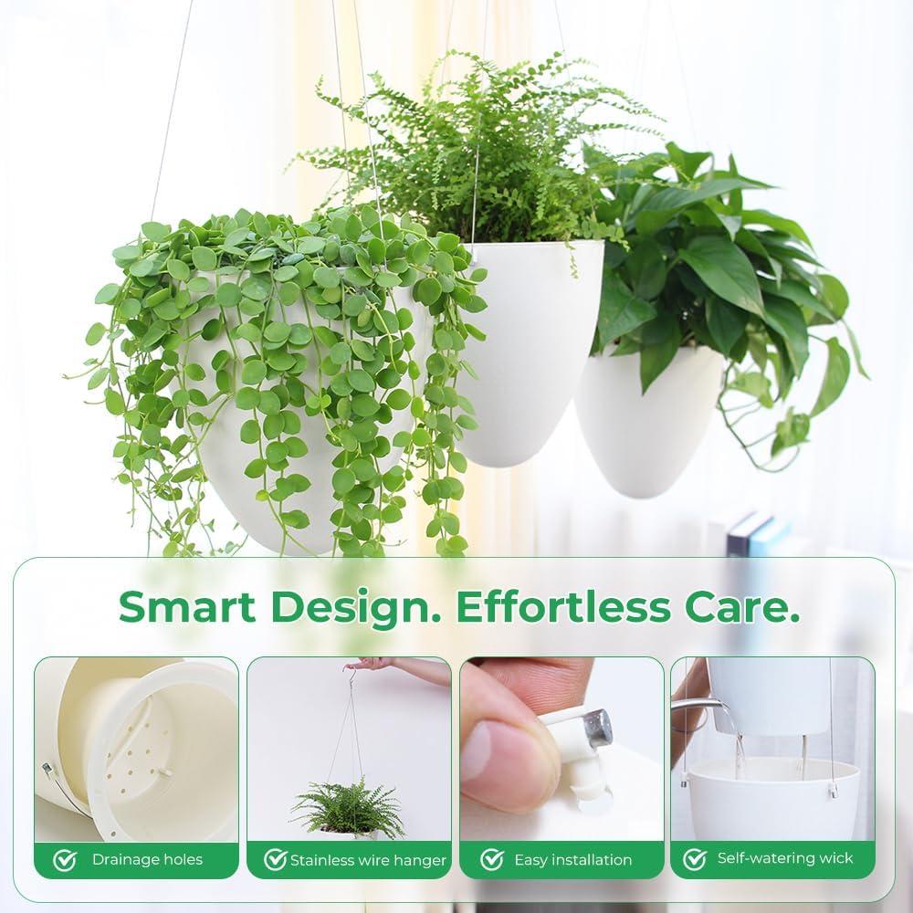 Self-Watering Hanging Planter Pot, Indoor Outdoor Plants, 6 Inch, 3 Pack | White | Stainless Steel Wire Hanger & Drip