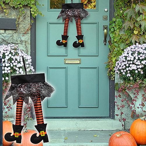 2PCS Halloween Witch Legs 18inch Plush Stuffed Orange Purple Witch Legs with Shoes Novelty Hanging Decoration for Front Door Sign Wall Hanger Wreath Halloween Party Home Decoration Supplies (A)