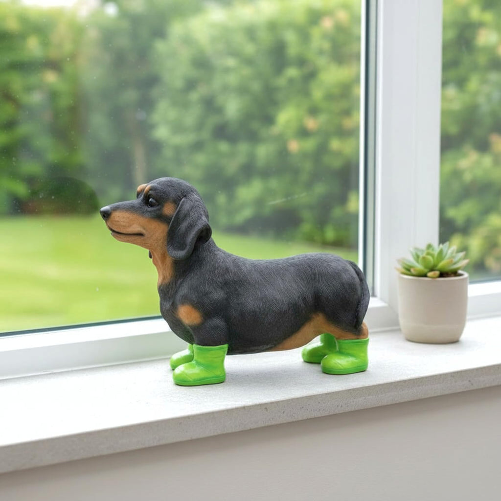 Dachshund Garden Statue in Boots – 10" Cute Wiener Dog Ornament for Yard Decor & Garden Art – Resin Sausage Figurine