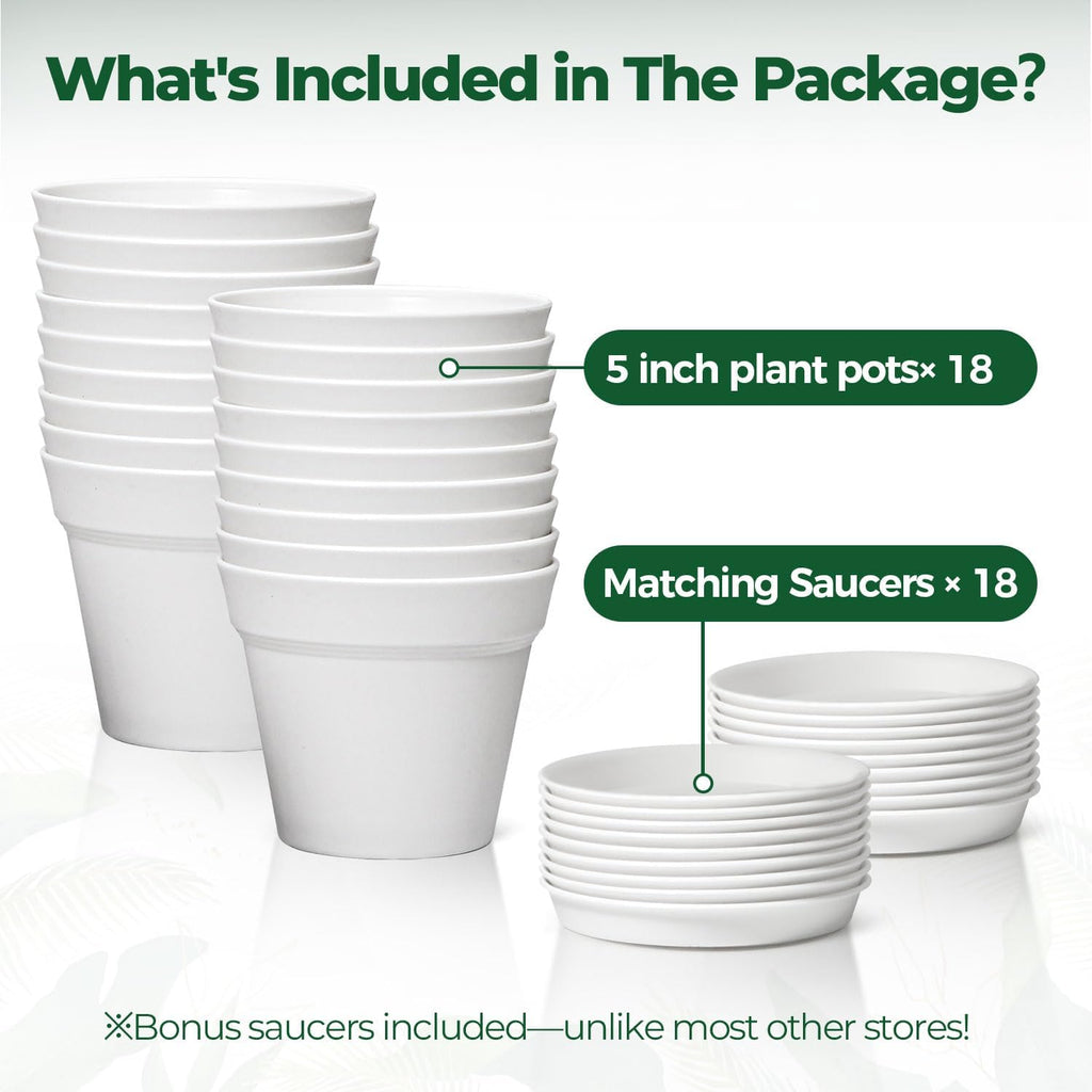 T4U Small Plant Pots 5 Inch 18 Pack, Plastic Flower Pots with Saucer White | Nursery containers for succulents cactus