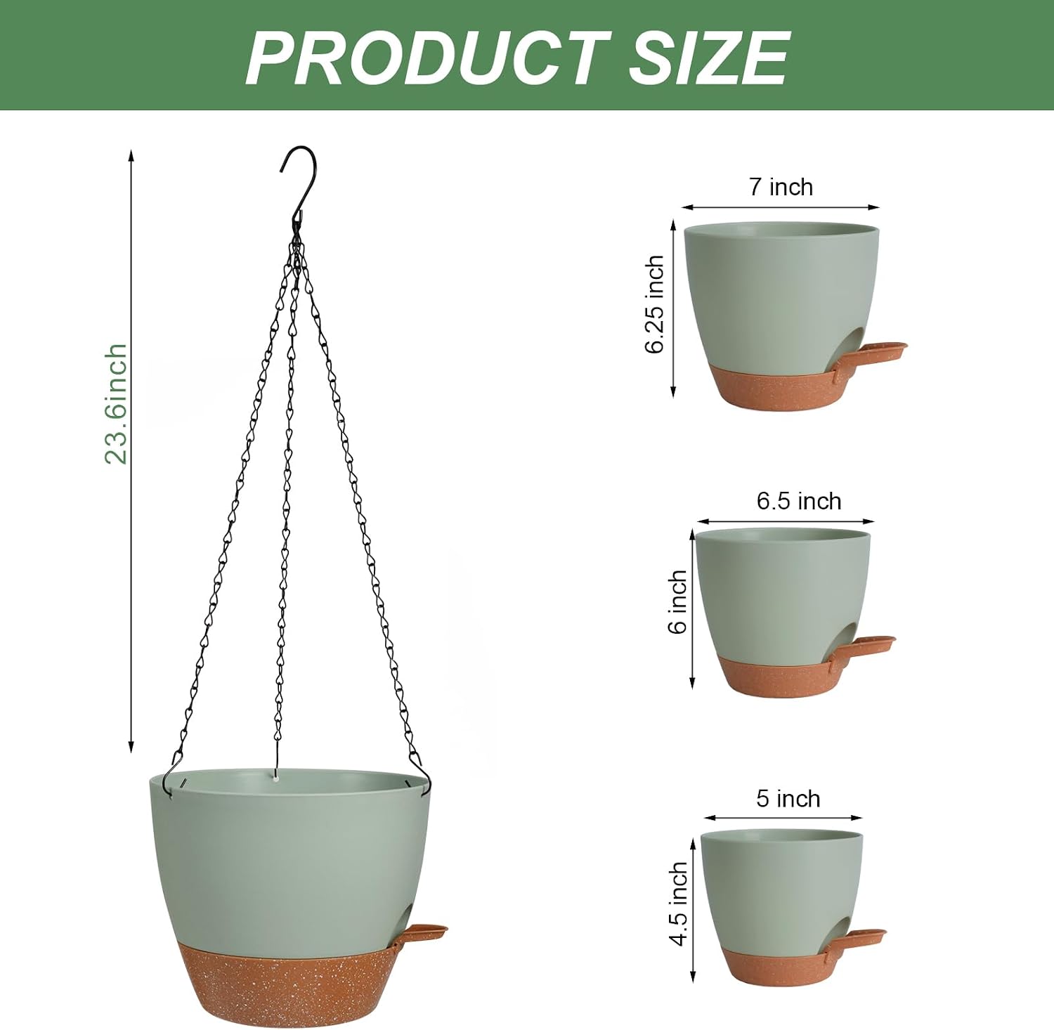 3 Pack Hanging Planter Indoor Outdoor Flower Pots 7/6.5/5 Inch, Self-Watering Hanging Pot with Drainage Holes Hanging