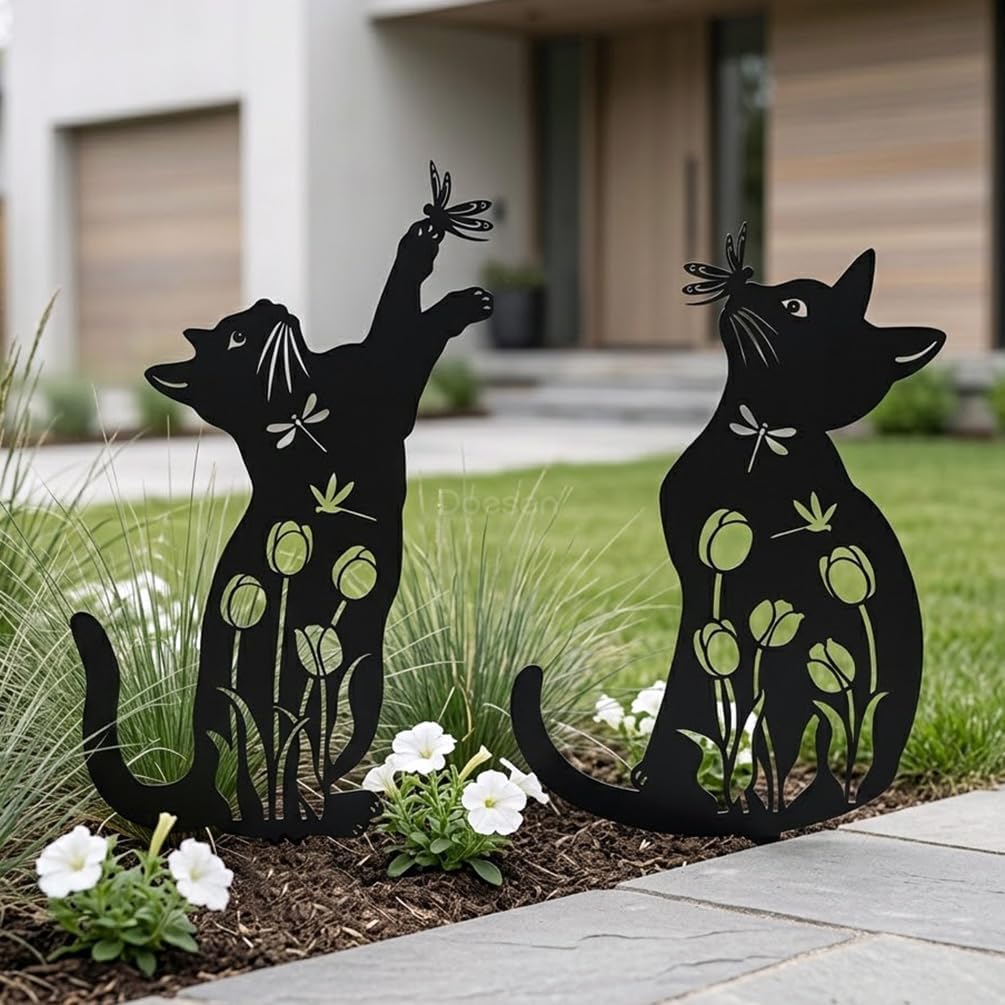 Metal Cat Garden Decor Black Cat Silhouette Yard Art Garden Stakes | Rust-proof Metal Black Cat Yard Decor Garden Art