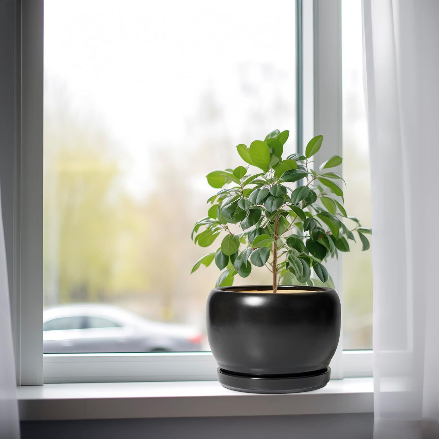 SQOWL Ceramic Plant Pots - 8 Inch Planter Indoor, Round Flower Pot with Drainage Hole and Saucer, Modern Outdoor