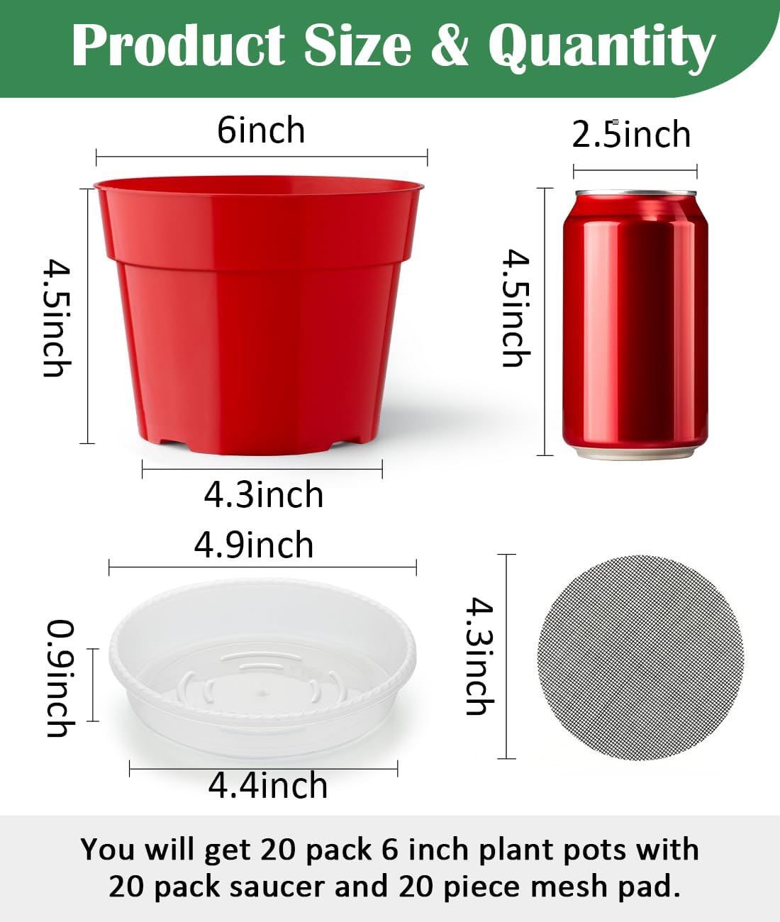 RooTrimmer 20 Pack 6 Inch Plant Pots, Thickened Plastic Flower Pots with 20 Pcs Water Collecting Trays, 20 Soil Block