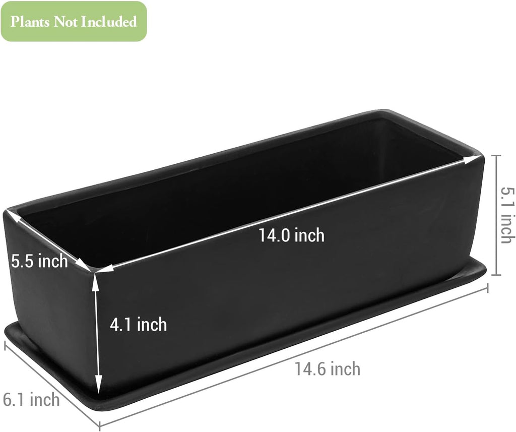 MyGift 14 Inch Matte Black Ceramic Rectangular Succulent Planter | Decorative Flower Planter with Drainage Hole and