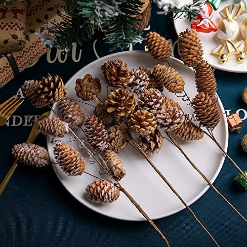 4 Pcs Large Natural Pinecone Branches Ornaments - 14" Snow Pinecones Picks