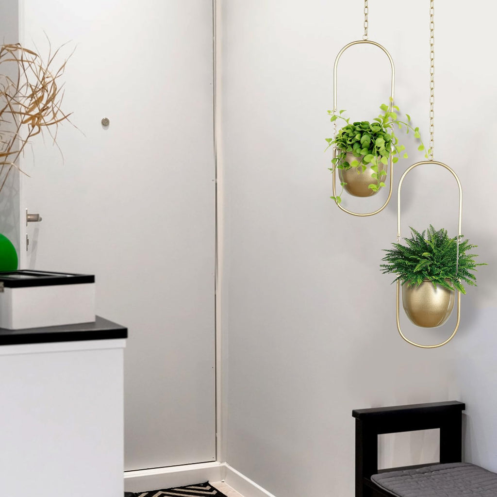 AceList Boho Hanging Planter for Indoor Plants - Set of 2 Gold Metal Wall Planter 5.7Inch with Hooks and Chins, Plant