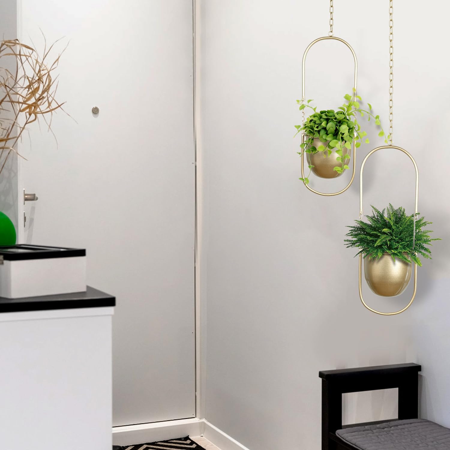 AceList Boho Hanging Planter for Indoor Plants - Set of 2 Gold Metal Wall Planter 5.7Inch with Hooks and Chins, Plant