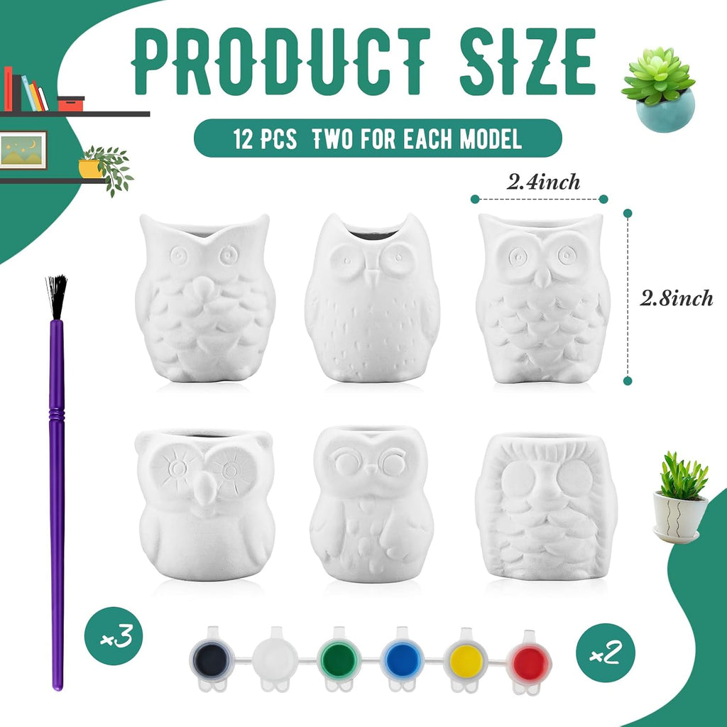 12 Set Paint Your Own Ceramic Planters Mini Owl Ceramic to Paint Succulent Pots 3 Inch Bisque Ceramics Unpainted with