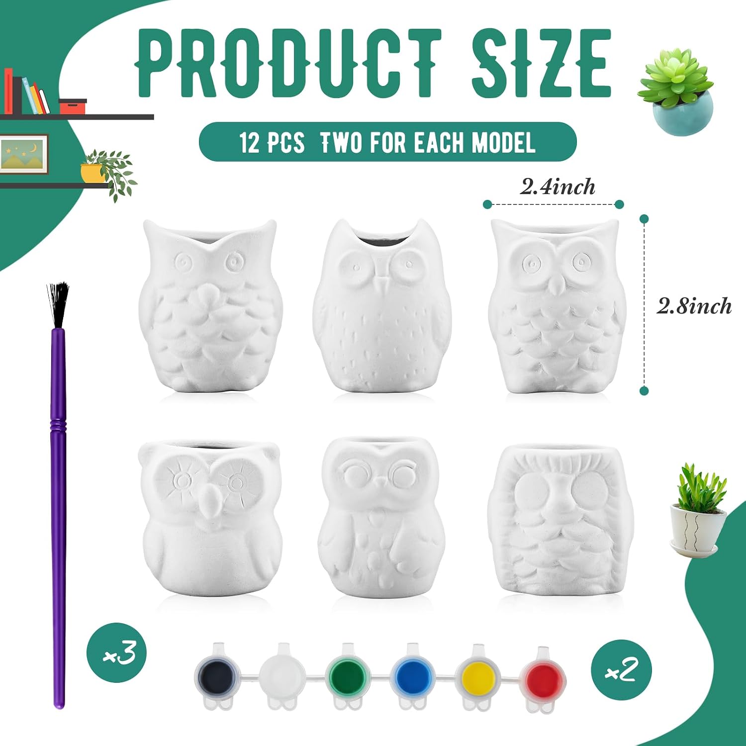 12 Set Paint Your Own Ceramic Planters Mini Owl Ceramic to Paint Succulent Pots 3 Inch Bisque Ceramics Unpainted with