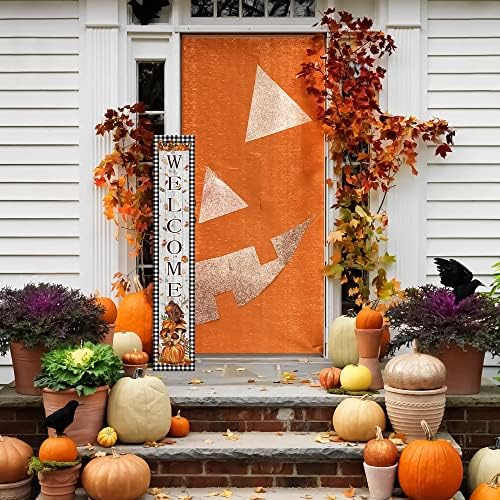 Fall Welcome Porch Sign Thanksgiving Day Wooden Door Sign 47" Large Buffalo Plaid Porch Sign for Pumpkin Sign Home Front Door Yard Party Decor