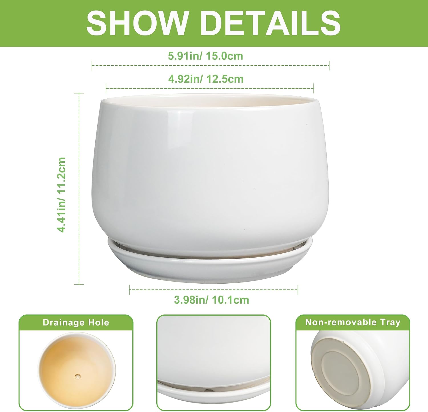 G EPGardening Ceramic Pots for Plants - 6 Inch Planter for Indoor Plants, Flower Pots with Drainage and Ceramic Tray