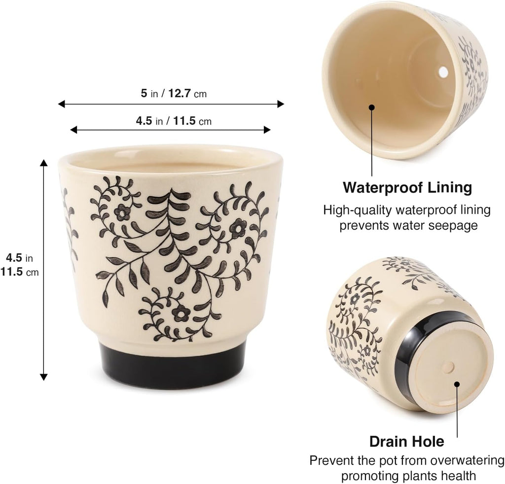 STHIE Indoor Ceramic Plant Pots with Drainage Holes, 5 Inch, Leaf Design | Handmade Hand-painted Cute Planter Pots for