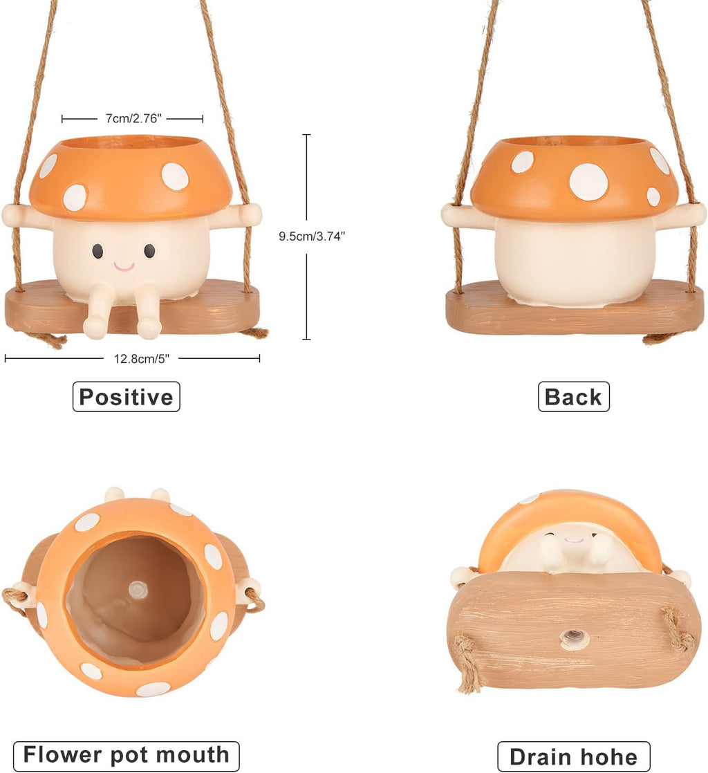 2pcs Mushroom Smily Swing Face Planter Pot Resin (Red&Yellow) | Cute Hanging Resin Flower Head Planter for Indoor