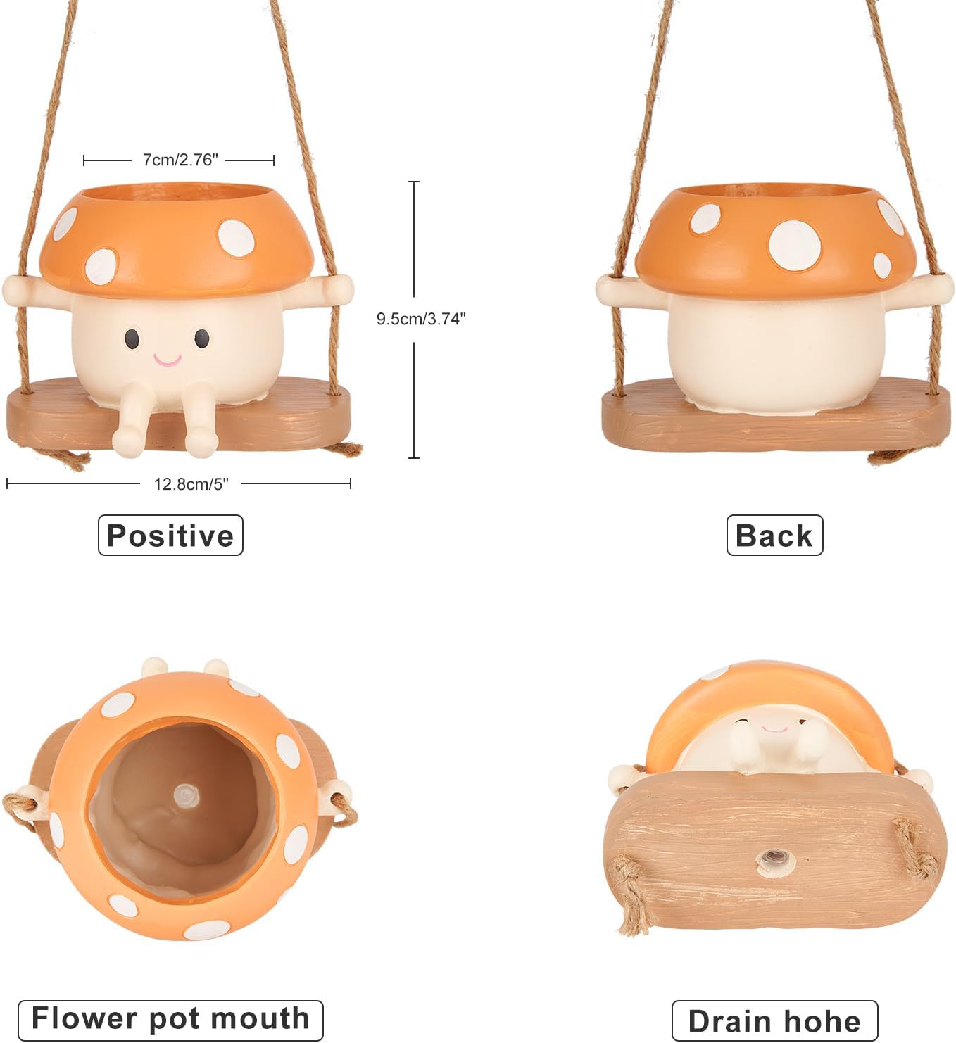 2pcs Mushroom Smily Swing Face Planter Pot Resin (Red&Yellow) | Cute Hanging Resin Flower Head Planter for Indoor