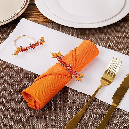 Thanksgiving Napkin Rings Set of 8, Thankful Napkin Rings with Words Metal Napkin Holders Gold Serviette Buckles for Thanksgiving Autumn Party Kitchen Dinner Table Decoration (Thankful)