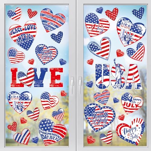 9 Sheets 250 Anniversary USA Stickers, 4th of July Window Clings, Heart Shape Patriotic Window Decals Happy 4th of July Windows Decorations for Independence Day Party