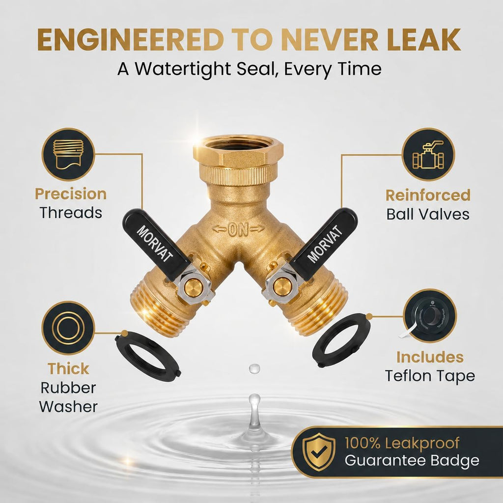 Brass 2-Way Y Splitter LEAD-FREE, Heavy-Duty Garden Hose Connector with Extra Long Butterfly Comfort Grip ON/OFF