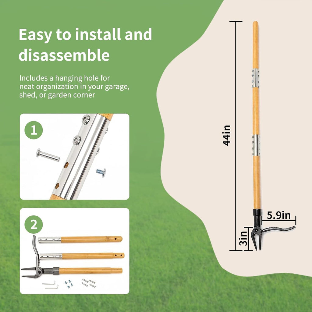 Weed Puller Tool, 44" Stand Up Heavy Duty Root Removal Garden Tools with 4 Claw Steel Head, Made with Real Bamboo &