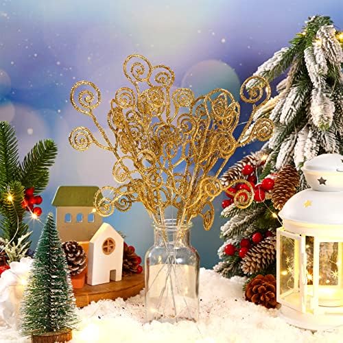 Ysleen 50 Pcs Glitter Tree Picks and Sprays Twigs Branches, Gold