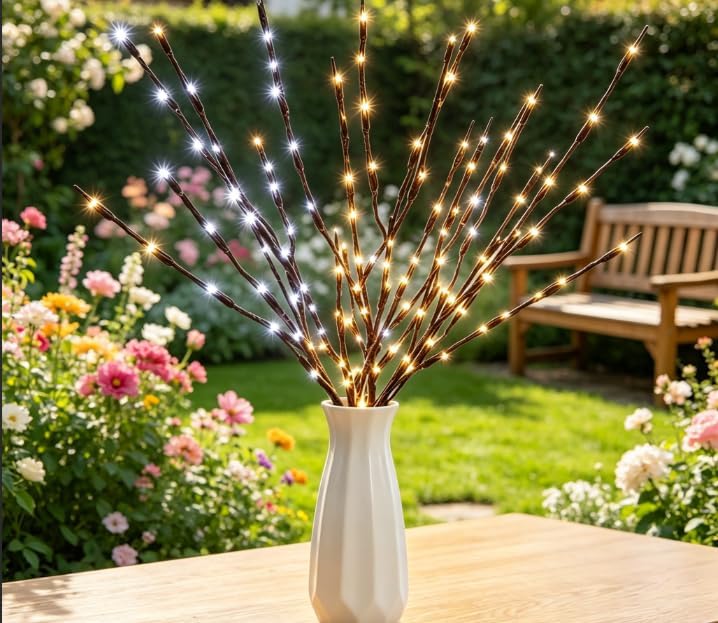DK177 2Pack Warmlight + 2Pack Whitelight Led Branch Light Battery Operated Lighted Branch Vase Filler Willow Tree Artificial Little Twig Power Brown 30 Inch 20 LED for Home Decoration