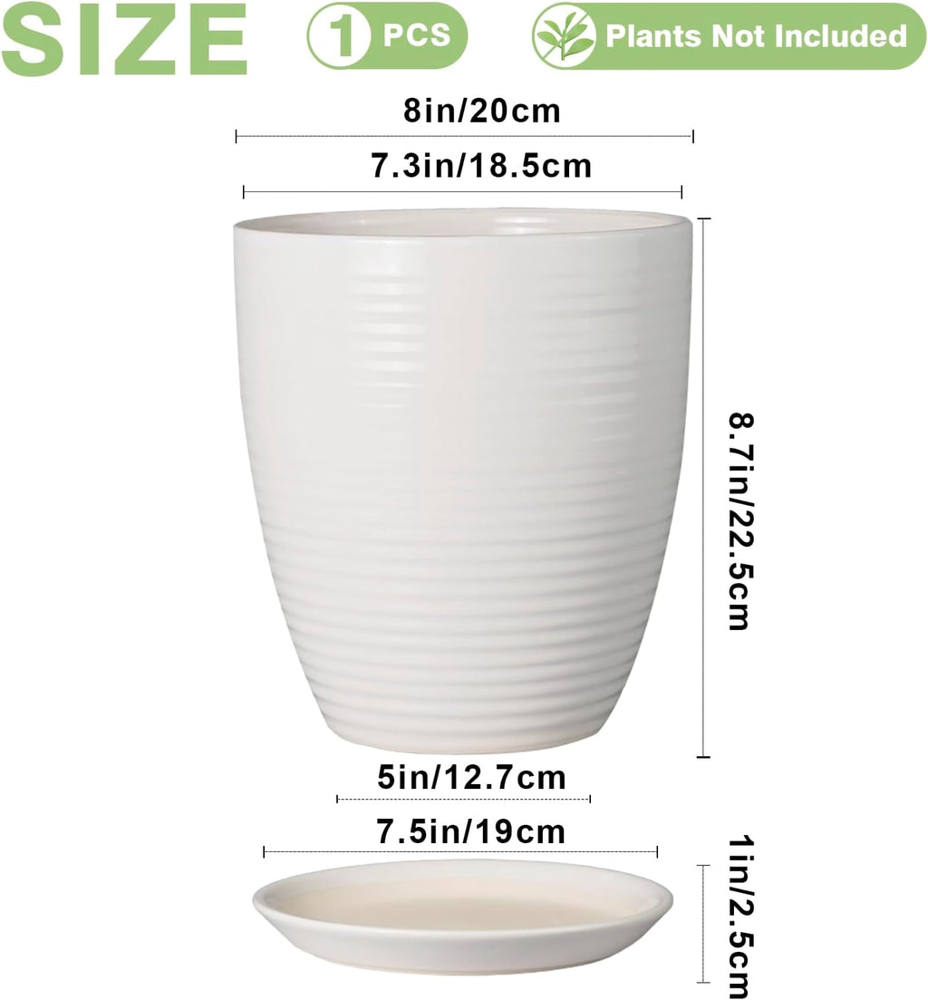 8 Inch Ceramic Planter Pot Round Plant Pot with Drainage Hole and Saucer Modern Flower Pot for Indoor Outdoor Plants
