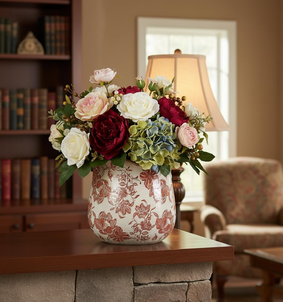 Tuscan Ceramic Planter with Floral Edges Vintage Planter Flower Pot Vase | Planter with Drainage Hole, Ice Crack