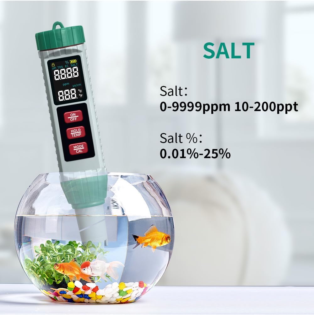 pH Meter & Pool Salt Tester, Digital 5 in 1 Salinity pH EC Temp TDS Meter for Water Quality, Waterproof Water Tester