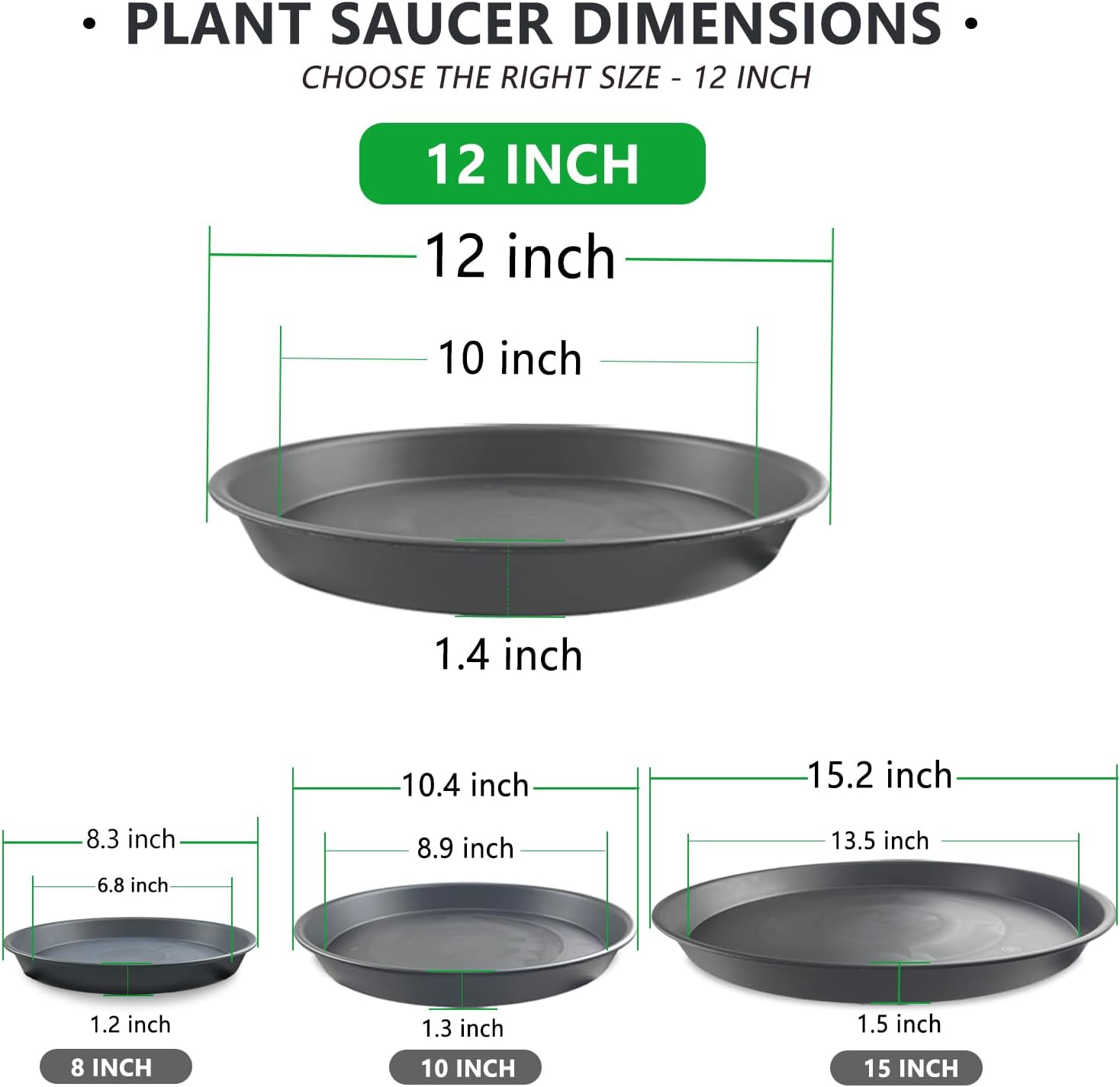 6 Pack 12 Inch Gray Plant Saucers, Heavy Duty PP Water Catcher Trays | Large Water Catcher Saucers for Indoor & Outdoor