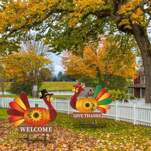 JarThenaAMCS 2 Pack Thanksgiving Fall Metal Garden Stakes Decorations Turkey Pumpkin Welcome Yard Sign for Autumn Harvest Outdoor Lawn Patio Walkway