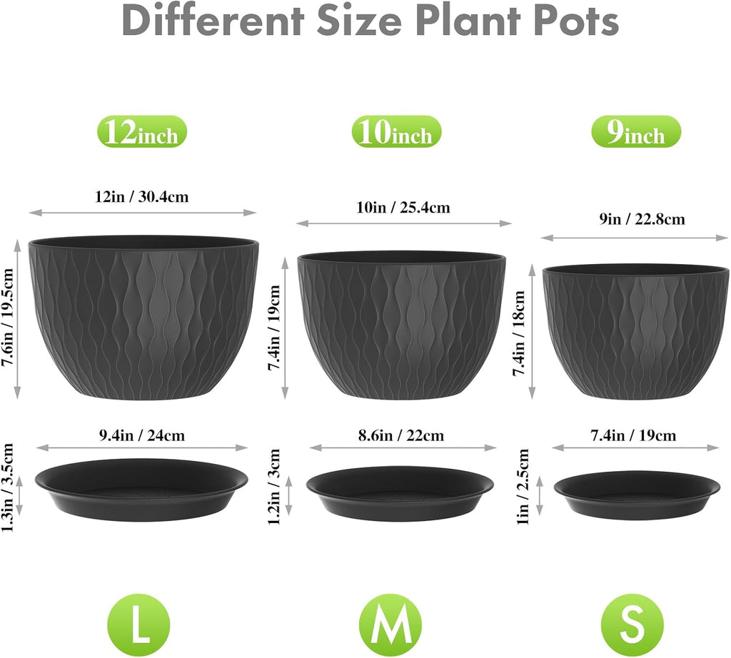 Meowell 12/10/9 inch Large Plant Pots, 3 Pack Wide Flower Pots for Outdoor Indoor Plants with Water Ripples, Big