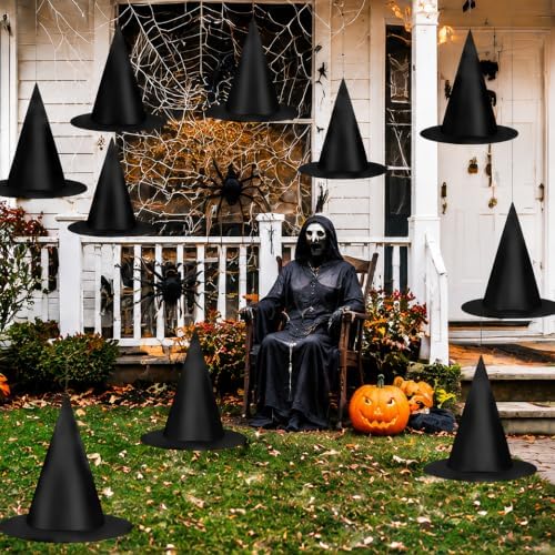 12 PCS Halloween Witch Hats, Black Wizard Hats with 105 FT Nylon Cord, Halloween Hanging Decorations for Indoor Outdoor