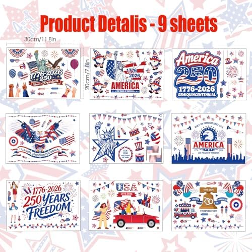 AhfuLife 250 Years Anniversary USA Window Clings for 4th of July, 250 Anniversary 9 Sheets America Patriotic Themed Window Stickers for Independence Day, Home Office Party Decorations(Style D)