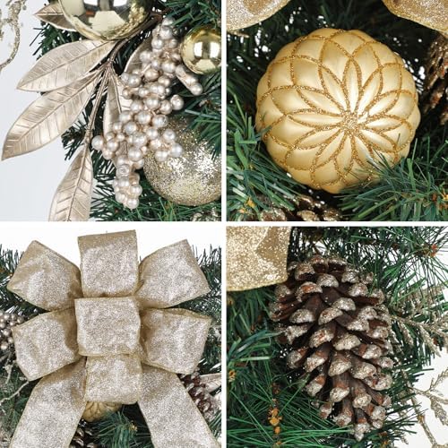 Christmas Teardrop Swag for Front Door with Ornaments, Berries, Bow, 27.5" Christmas Swag Wreath for Stair Window Wall Mantel, Artificial Xmas Swags Garland for Winter Holiday Decorations, Champagne