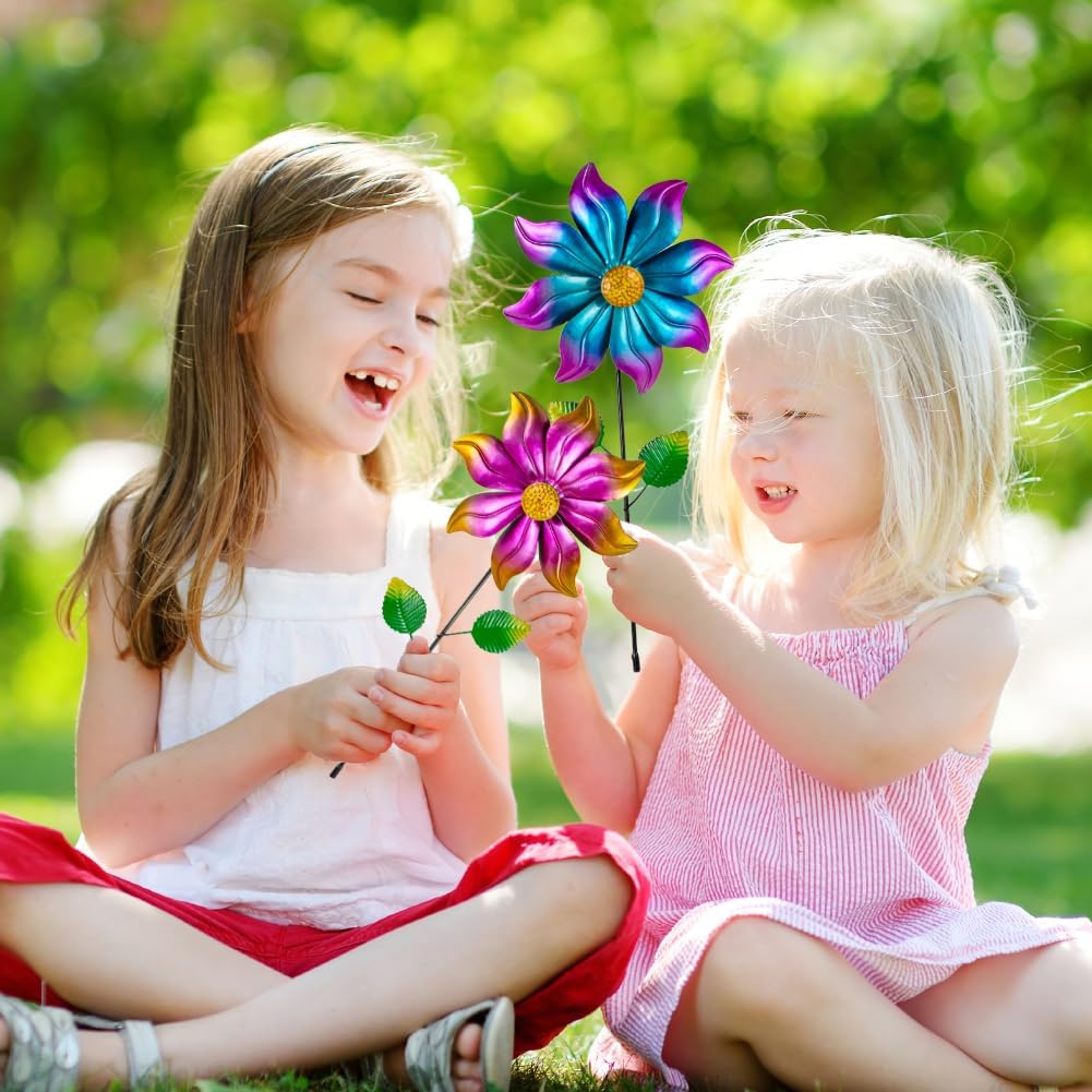 DREAMYSOUL 4 Packs Metal Flowers Wind Spinners Outdoor, Gradient Petals Metal Pinwheel for Yard and Garden Decor