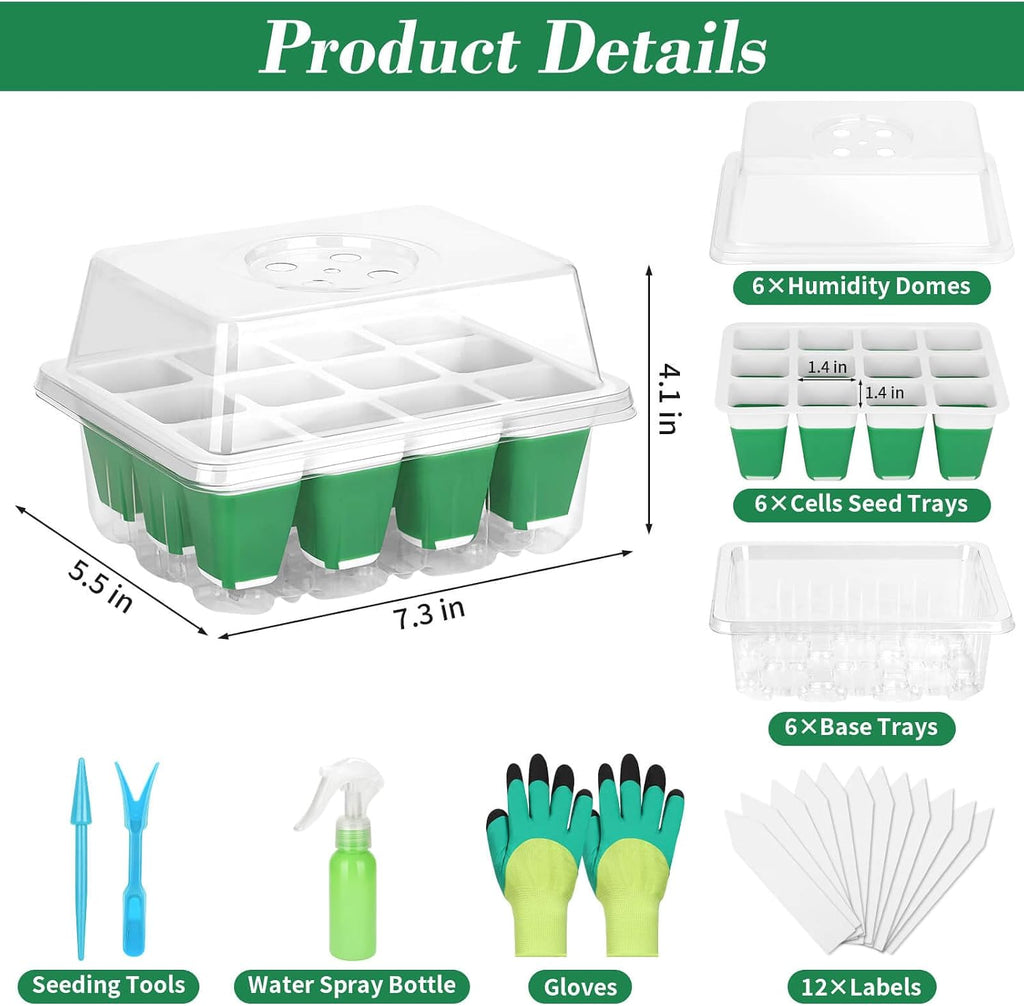 6 Pack Silicone Seed Starter Tray, Reusable Seed Starter Kit with Humidity Adjustable Dome, Lid and Tools for Indoor