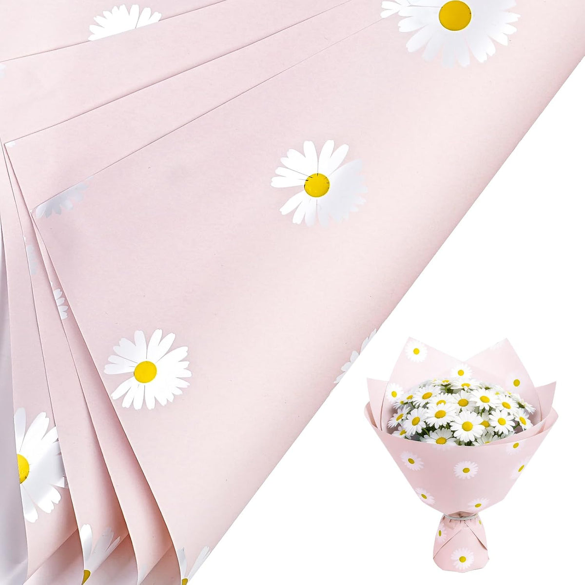 LeZakaa 20 Sheets Pink Daisy Flower Wrapping Paper, Waterproof Florist Daisy Bouquet Wrap, Korean Style Floral Paper for for Birthday, Graduation, Mothers Day, Valentines, 22 x 22 Inches