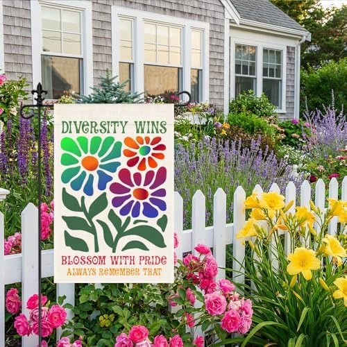 Diversity Wins Blossom with Pride Garden Flag, 12 x 18 Inch Double Sided Rainbow Floral Pride Month Yard Flag Gifts for LGBTQ Supporter Equality Advocate, Inclusive Outdoor Lawn Porch Decor