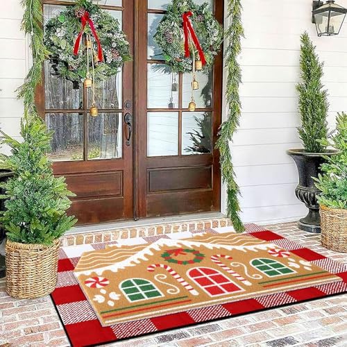 Tinideya 2 Pcs Gingerbread House Layered Doormat Set