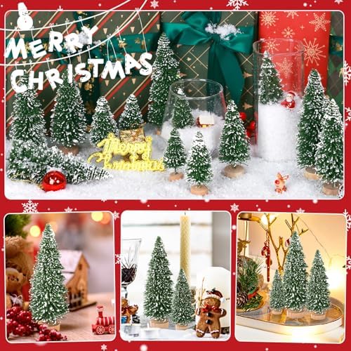 30Pcs Mini Christmas Tree Decor, Artificial Christmas Tree 5 Sizes,Mini Sisal Snow Frost Trees with Wooden Base for Christmas Decor Christmas Party Home Table Craft Decorations (B/Green)
