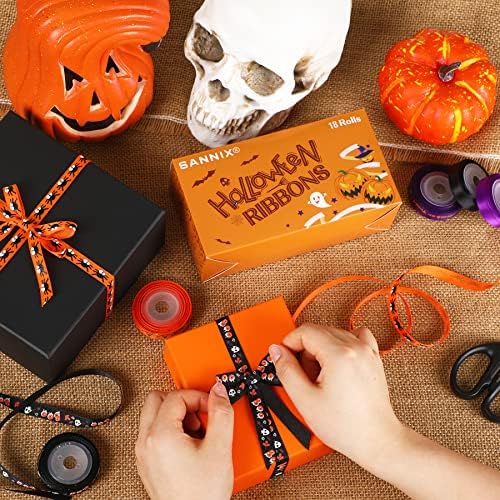 SANNIX 18 Rolls 90 Yards Halloween Ribbon Printed Grosgrain Ribbons 3/8″