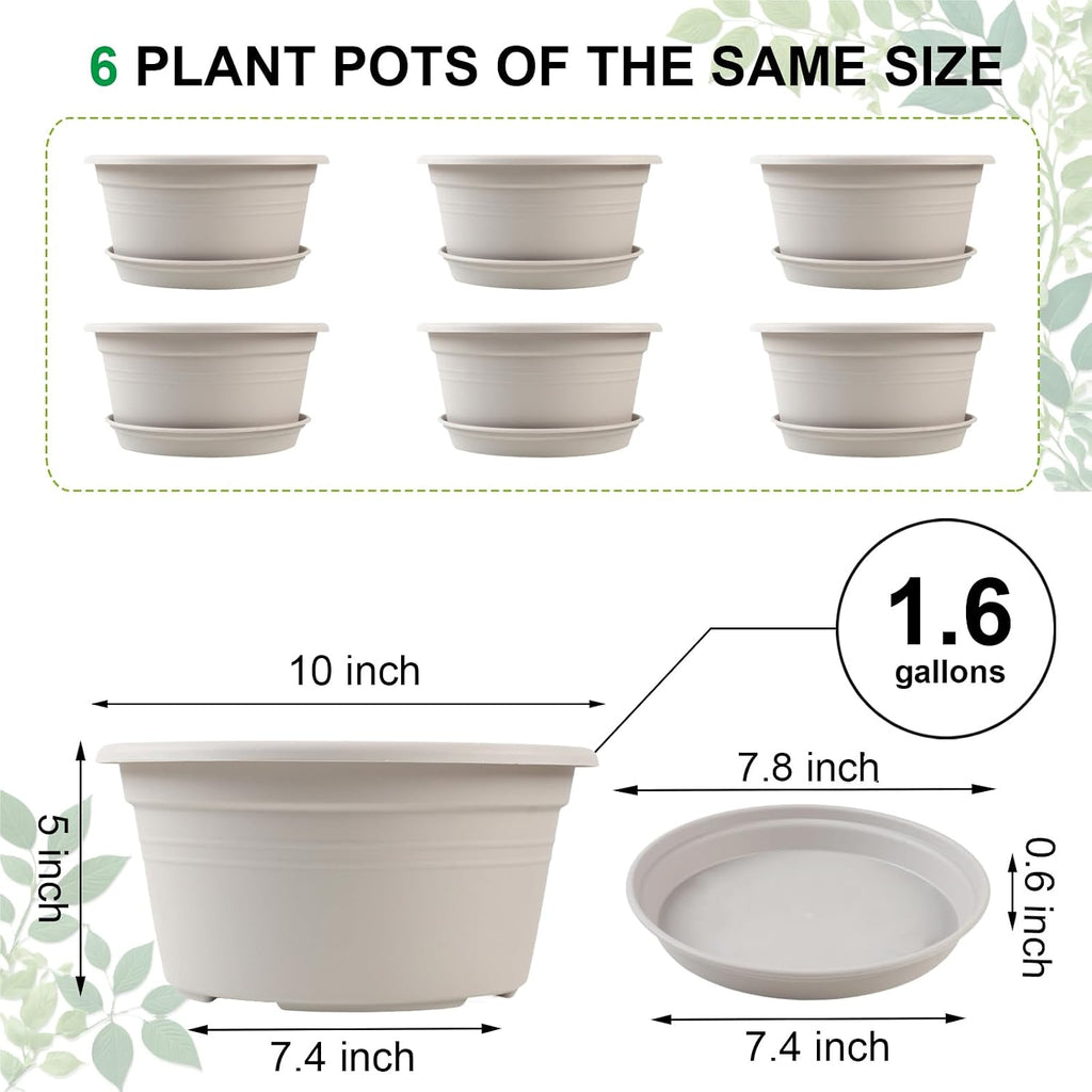 6 Pack 10 inch Plant Pot, Shallow Planters with Drainage Hole & Tray Saucer | Round Outdoor Pots for Plants, Decoration