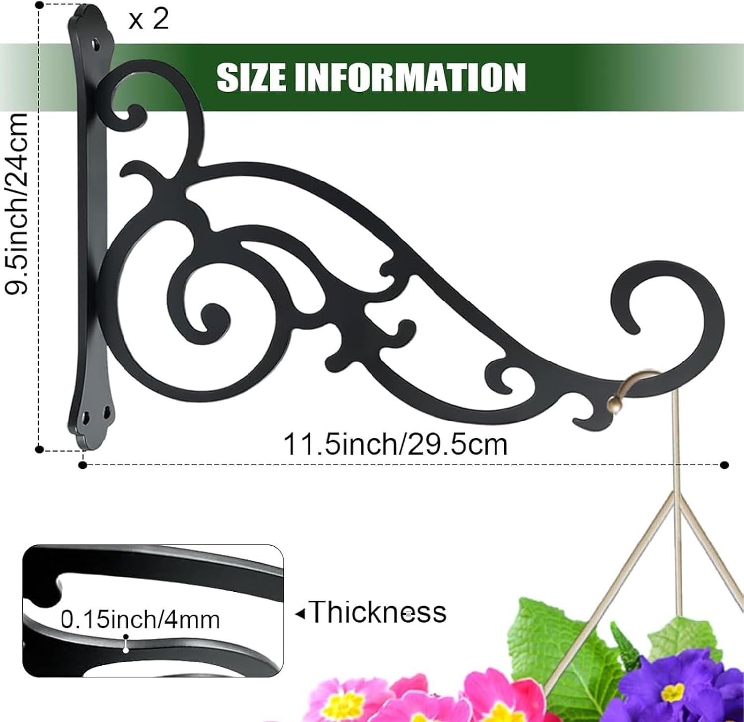 2 Pcs Hanging Plant Bracket Wall Hook Hanging Plant Brackets 12-Inch Black Iron Plants Indoor/Outdoor Planter Hangers