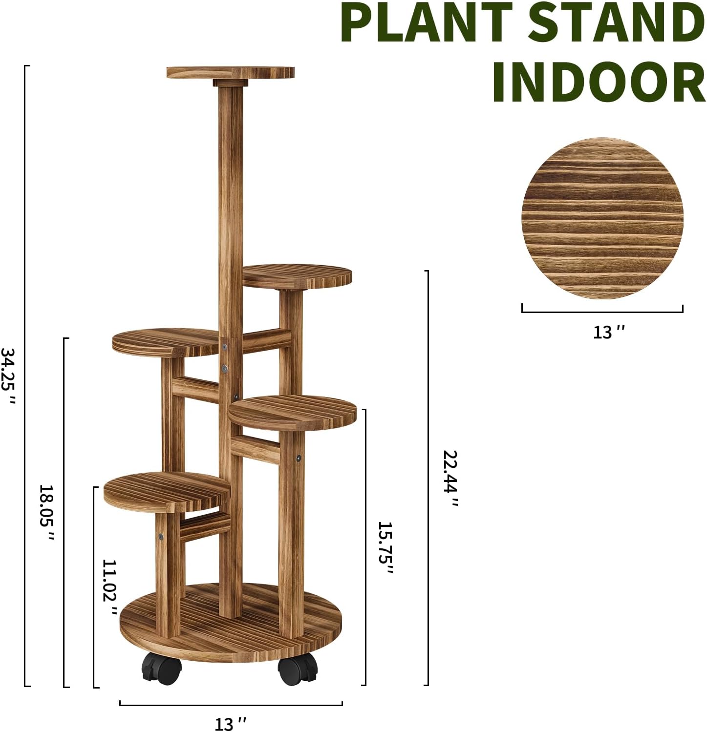 5 Tier Plant Stand - Wood Corner Plant Stand Indoor with 4 Wheels, Tall Plant Shelf for Multiple Pot Flower Stands