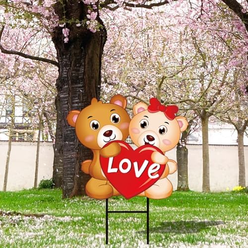 JarThenaAMCS Valentine' s Day Metal Garden Stake Welcome Yard Sign Bear Couple with Love Heart Decorative Lawn Sign for Wedding Anniversary Home Outside Lawn Porch Walkway Decor