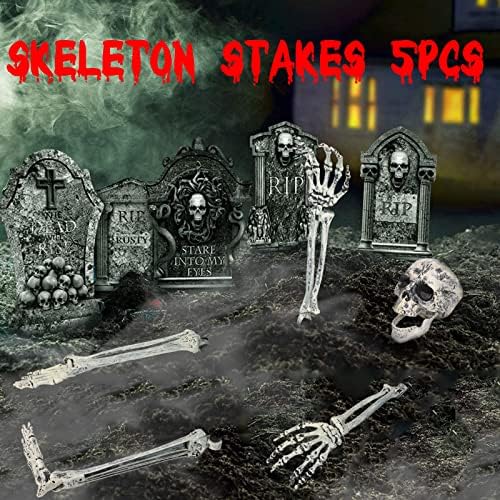 Halloween Skeleton Stakes Decorations, Realistic Skeleton Halloween Decor, Hallo-ween Ske-leton Head and Arms with a Stake for Halloween Yard Scary Skeleton Decor 5pcs