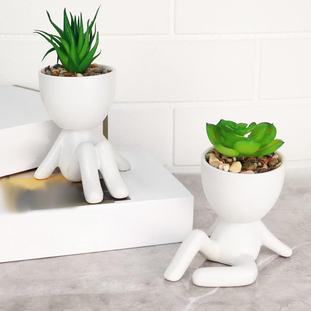 Set of 4 Artificial Succulents in Ceramic Pots, Cute Human Shaped Fake Plants for Shelves, Small Faux Plants for Office